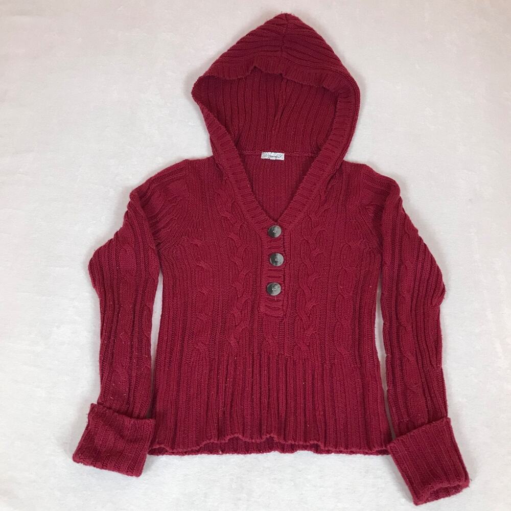 Full Tilt Red Hooded 1/4 Button Chunky Cable Knit Sweater Small